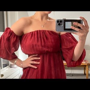 Puff sleeve purple/ red dress with sparking lines